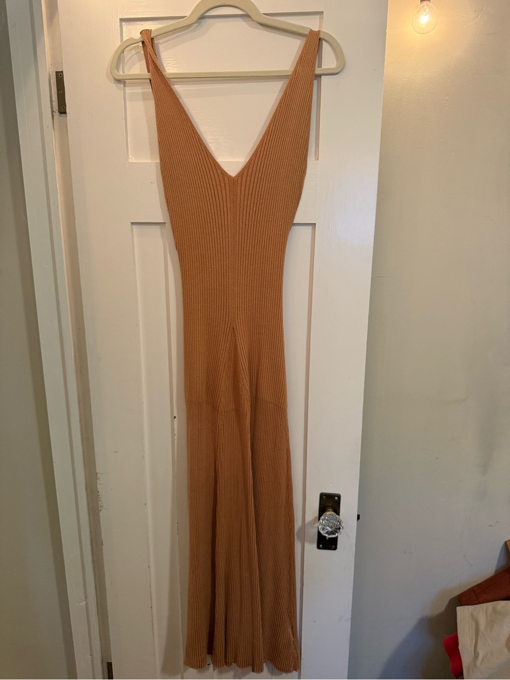 Women's Ribbed V-Neck Maxi Dress in Camel sweater dress